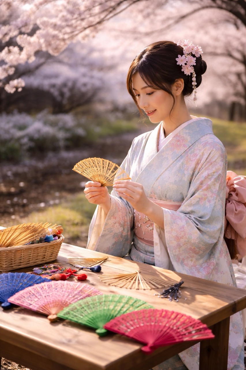 Aiko arranging colorful hand fans at a wooden table under cherry blossoms